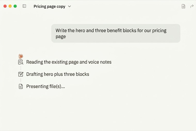 A Claude thread drafting a pricing page hero and three benefit blocks