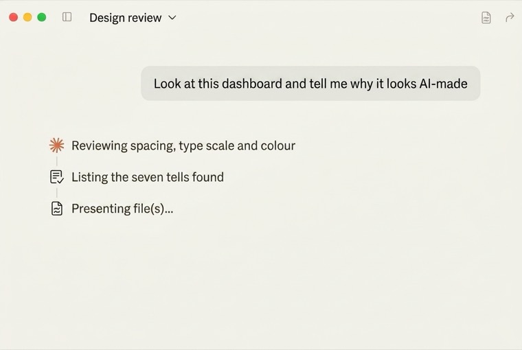 A Claude thread reviewing a dashboard and listing why it looks AI-made