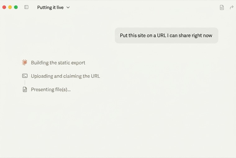 A Claude thread building a static export and publishing it to a live URL