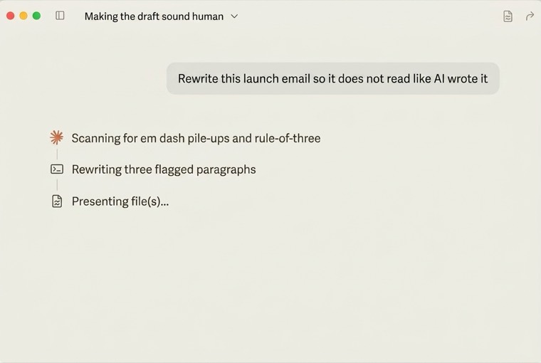 A Claude thread rewriting a launch email so it does not read as AI-written