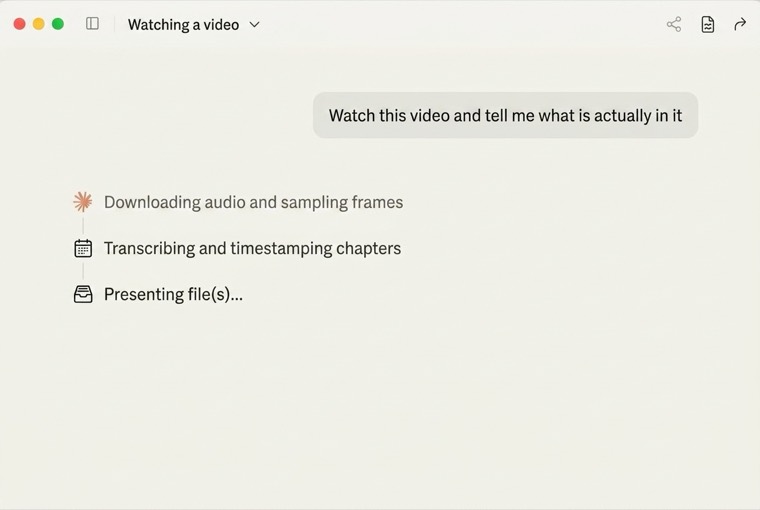 A Claude thread transcribing a video and timestamping its chapters